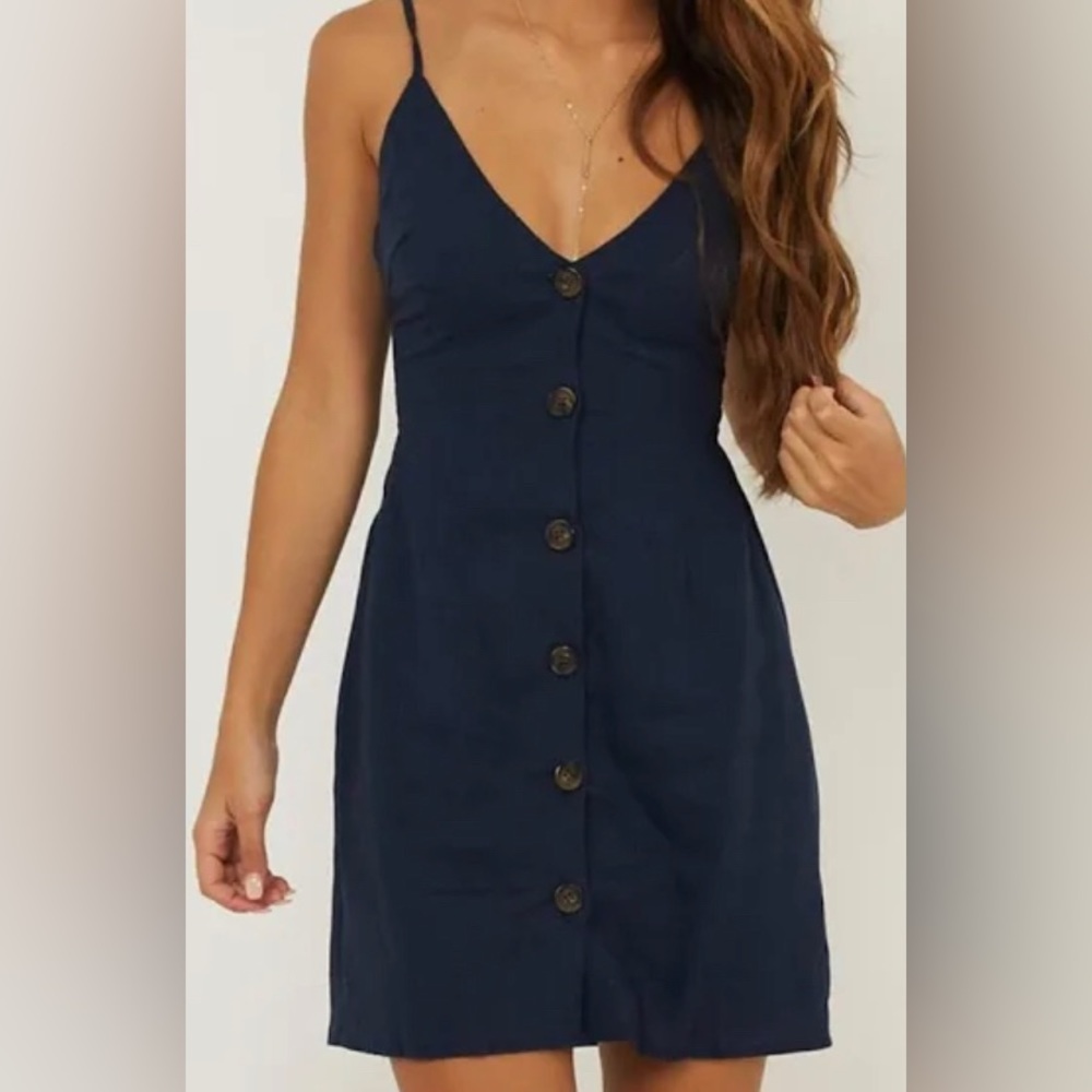 Showpo linen, navy, open/tie back, button front mini dress